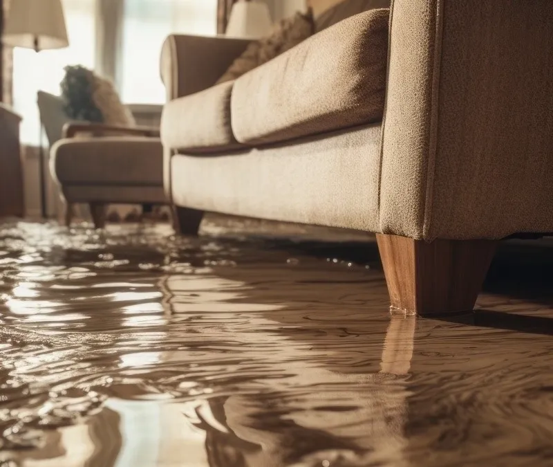 Salon inondé avec de l'eau stagnante autour d'un canapé