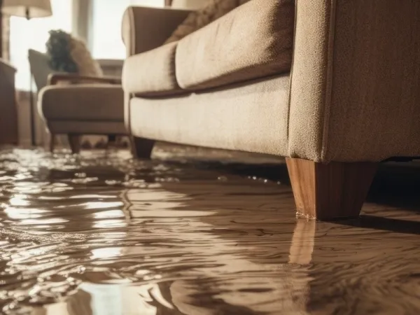 Salon inondé avec de l'eau stagnante autour d'un canapé
