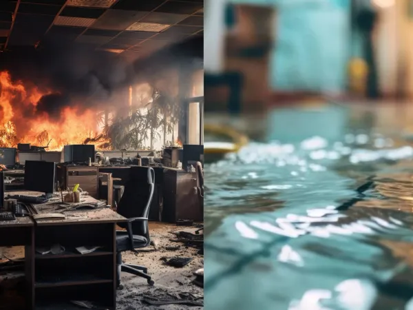 Montage montrant un bureau touché par un incendie et un local avec de l'eau stagnante