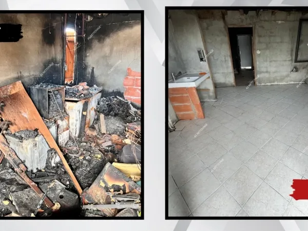 Comparatif avant et après d'une pièce touchée par un incendie, encombrée de débris puis entièrement dégagée
